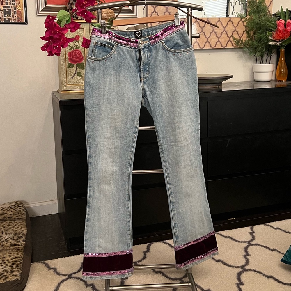 Vintage 90s jeans with purple embellishments